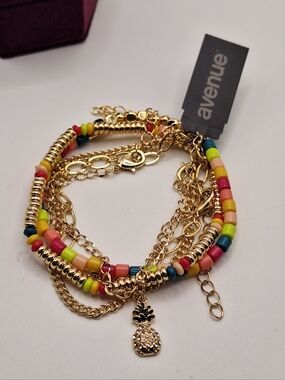 Avenue Gold-Tone Multicolor Beaded Pineapple Charm Bracelet